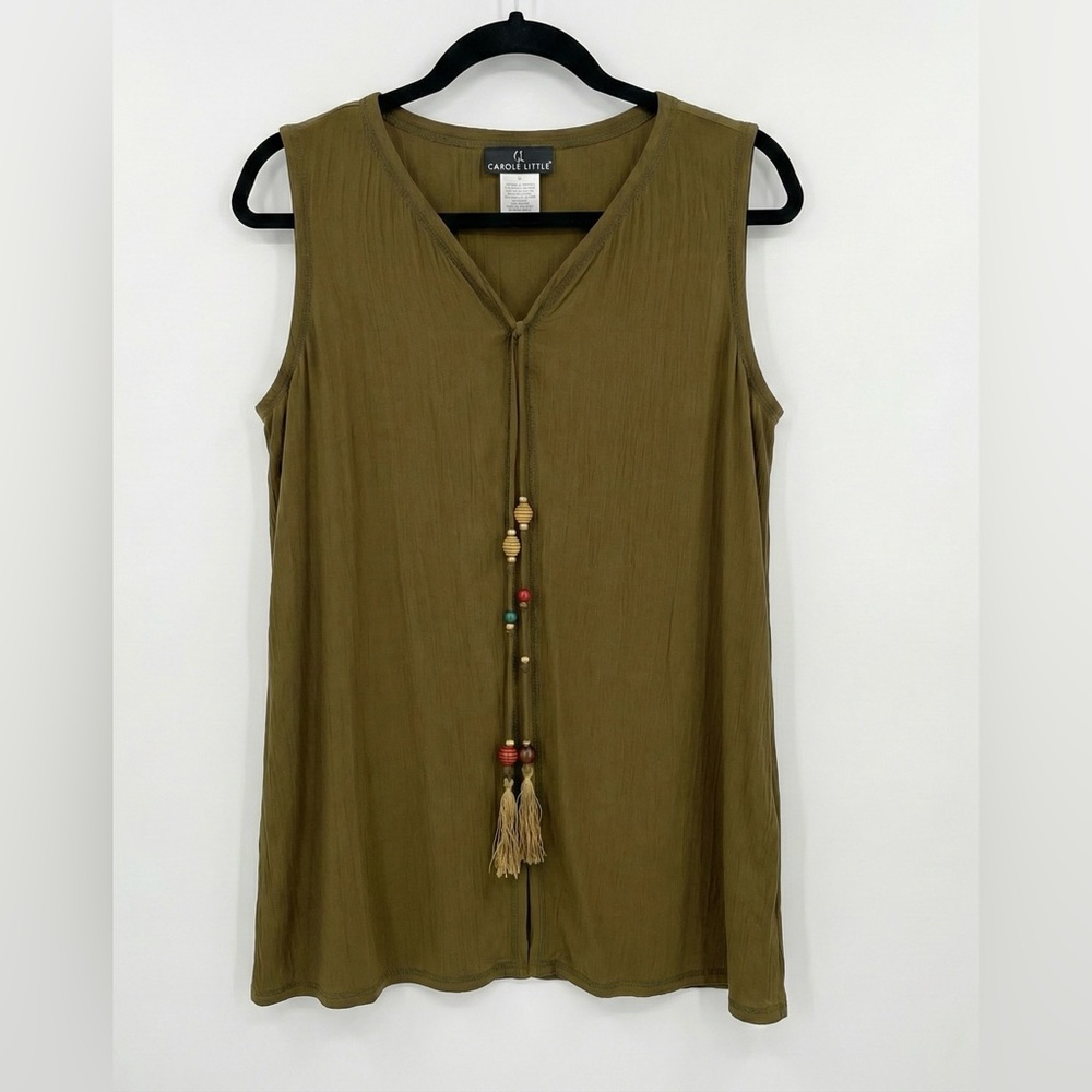 Vintage Carole Little Olive Crinkle Rayon Tunic Top Beaded Tassel Boho Size 6
